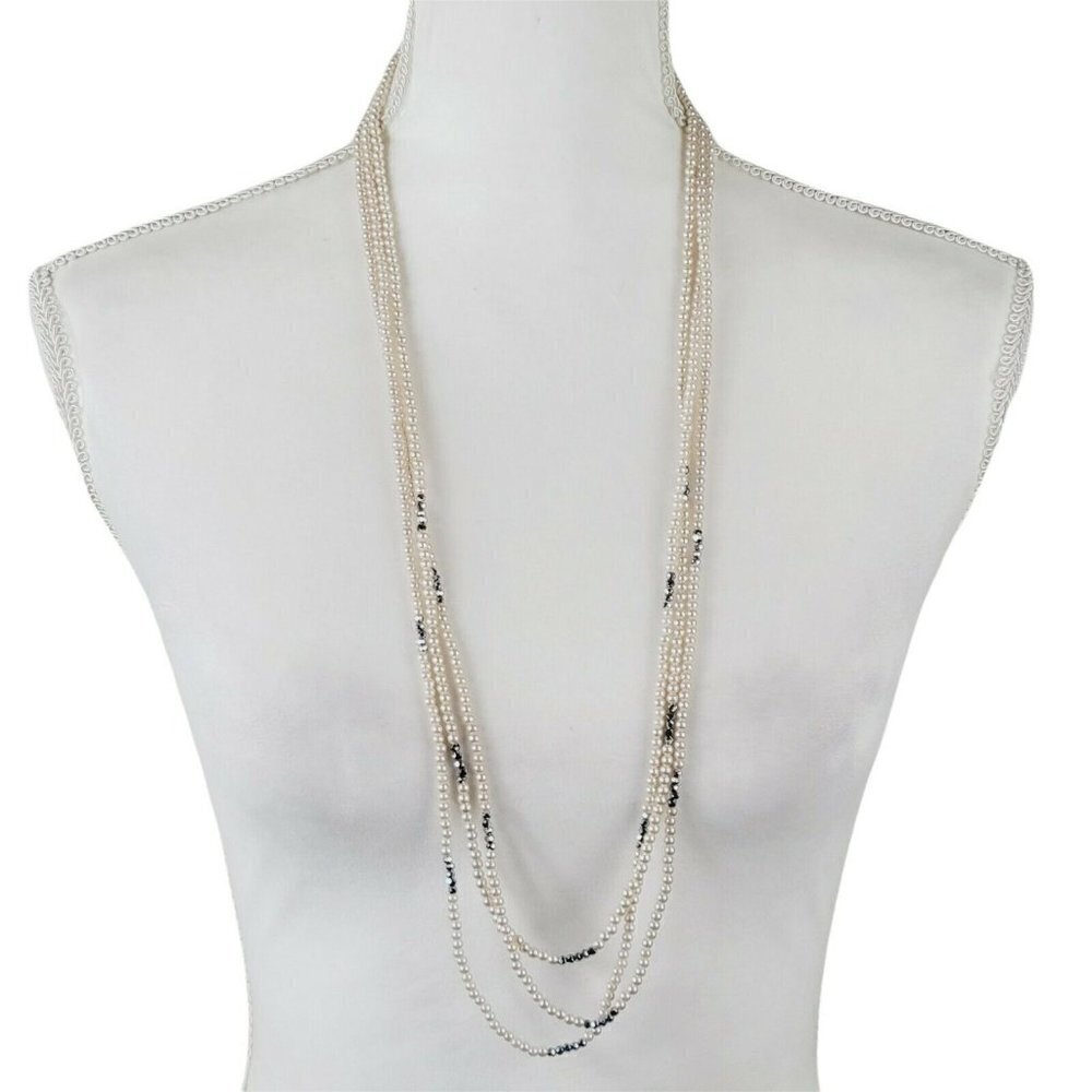 Triple Strand Faux Pearl Necklace With Shimmery Crystals Lightweight Delicate